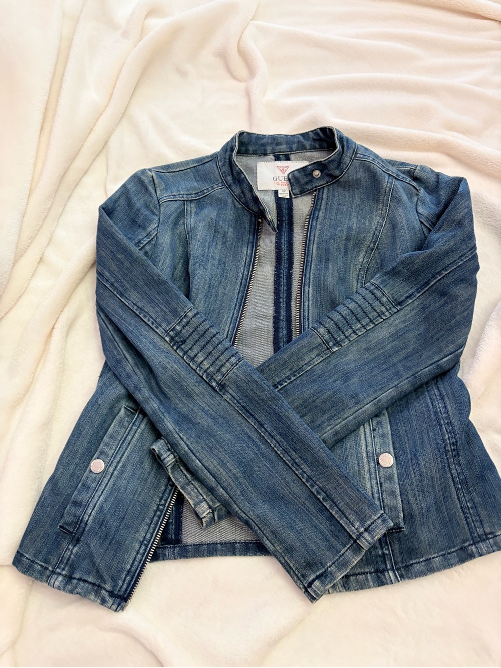 GUESS Distressed Blue Denim Zip-Front Jacket